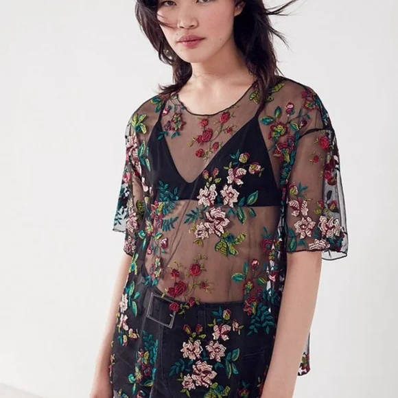 Kimchi Blue Sheer Black Top with Floral Embroidery Size Small - Picture 2 of 14